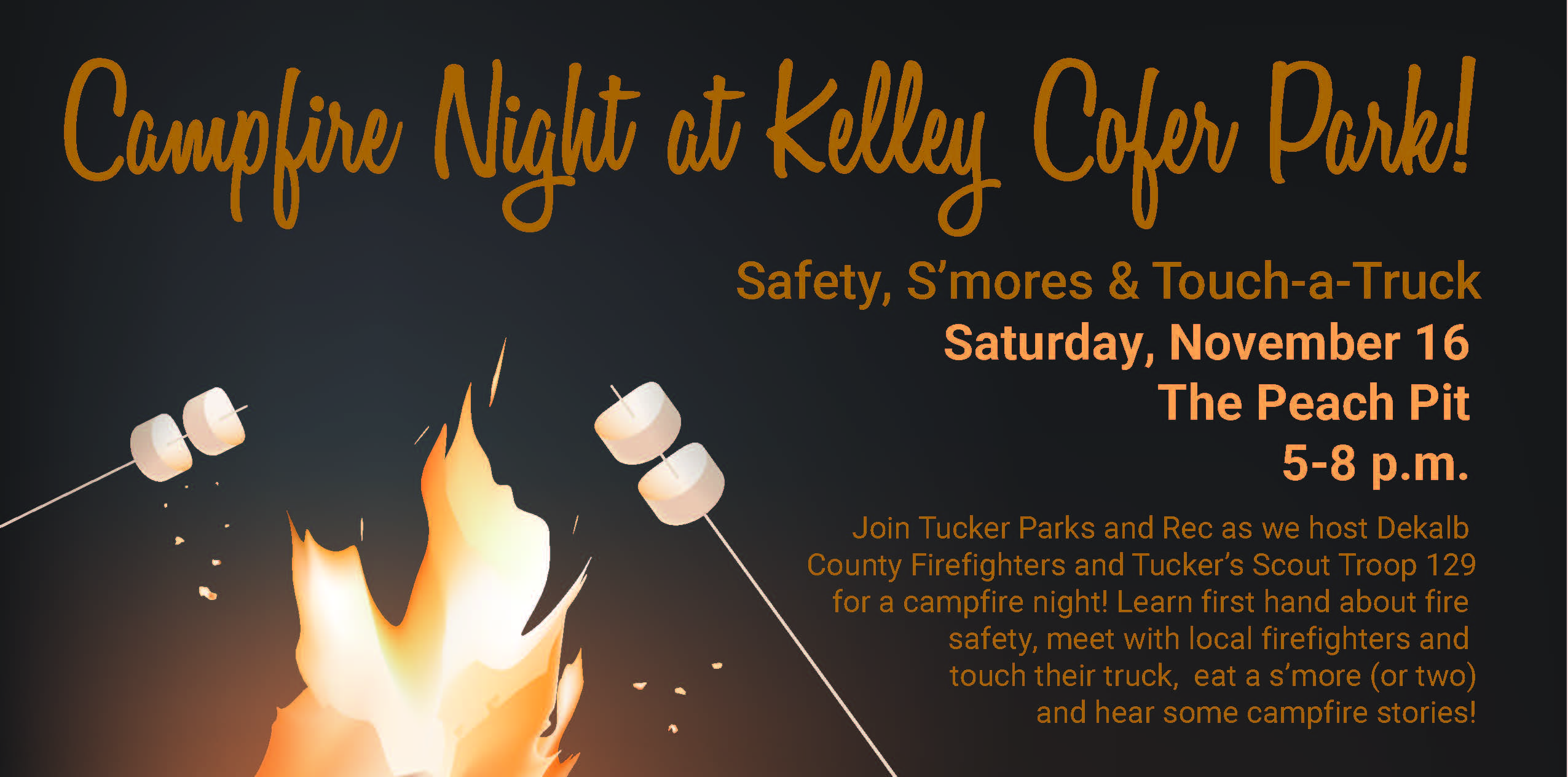 Graphic depicting roasting marshmallows over a fire for for Campfire Night at Kelley Cofer Park, November 16.